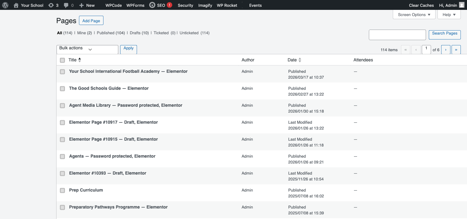 WordPress Pages list showing all pages