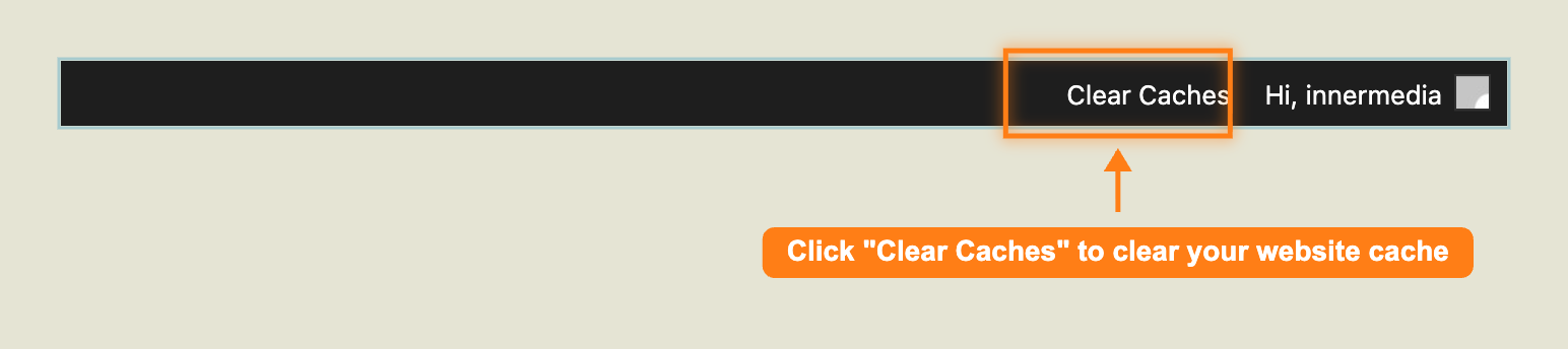 WordPress admin bar showing Clear Caches button highlighted