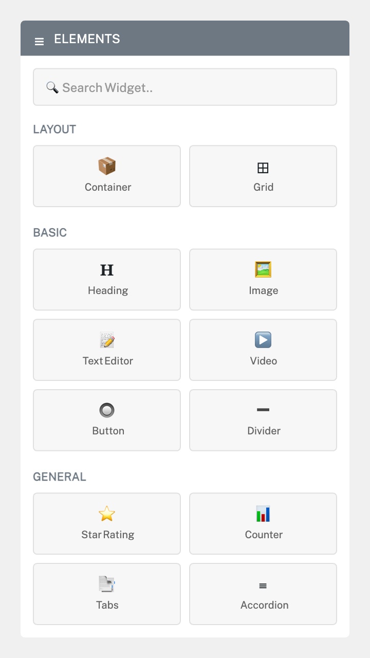 The Elementor widget panel