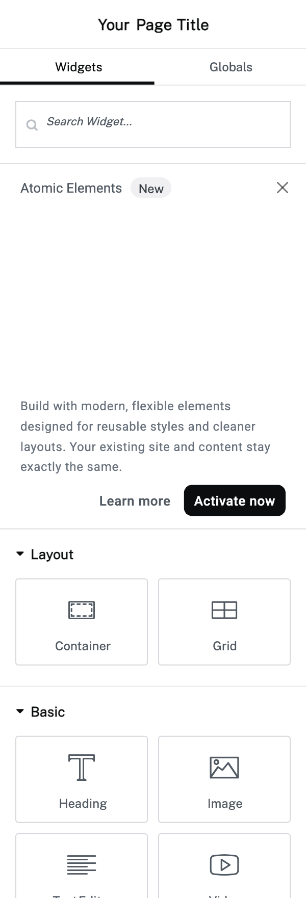 Elementor widget panel