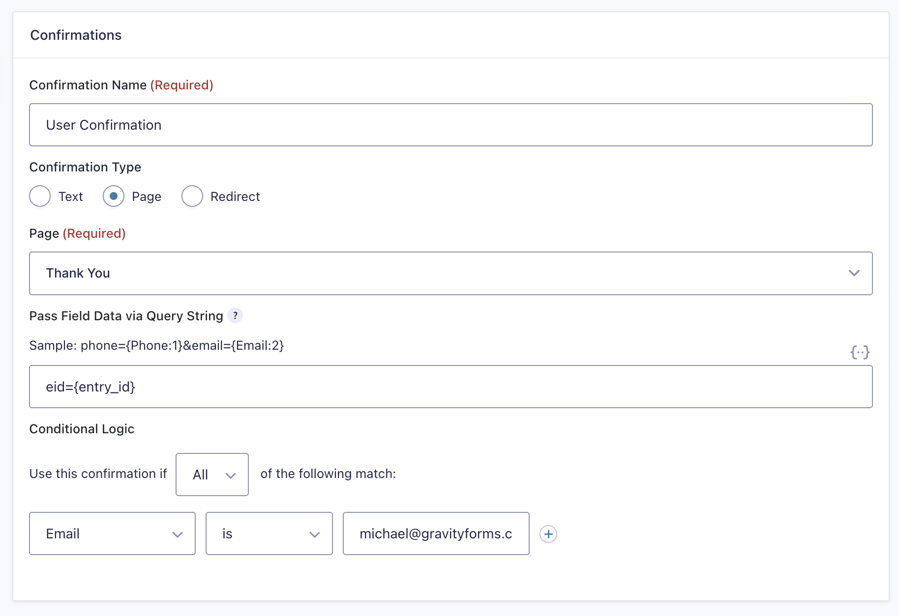 Gravity Forms page confirmation settings