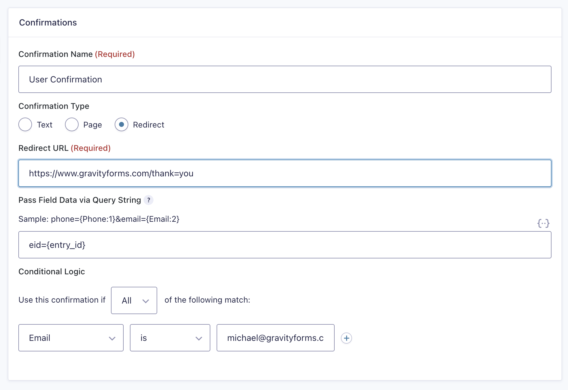 Gravity Forms redirect confirmation settings
