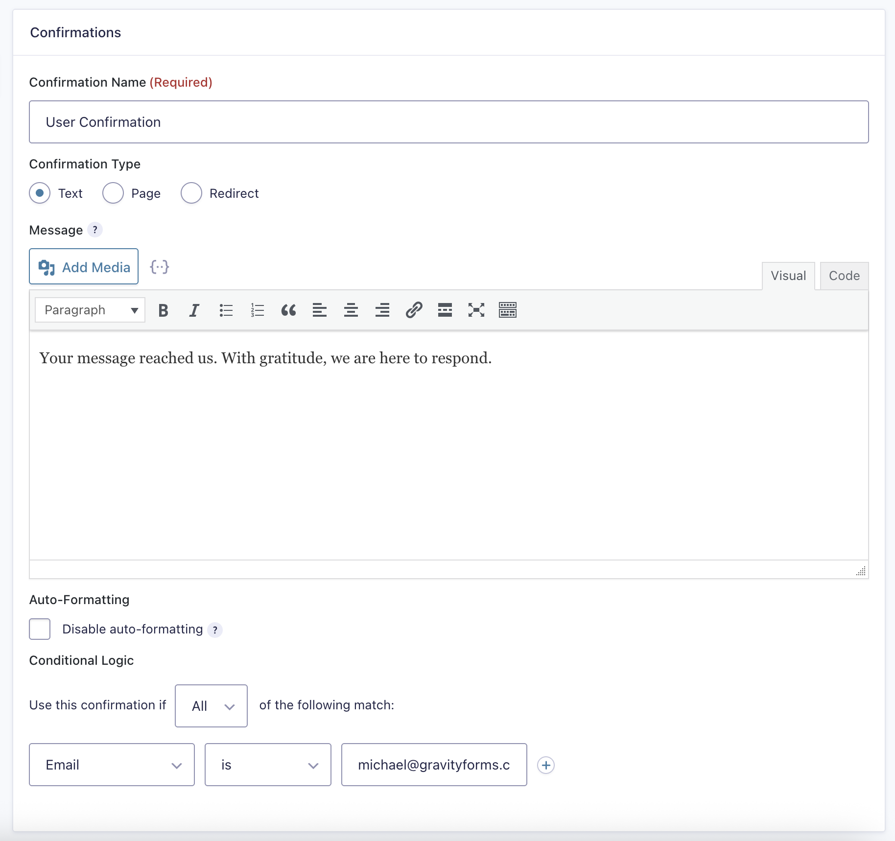 Gravity Forms confirmation settings