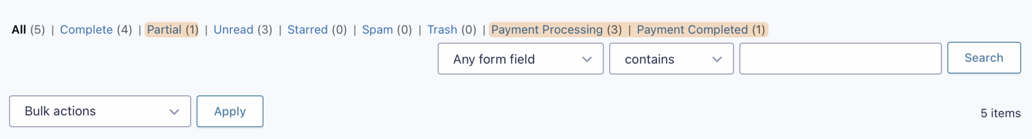 Gravity Forms entry filter toolbar