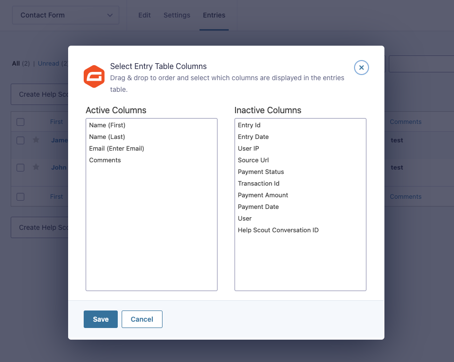 Gravity Forms entry list bulk actions