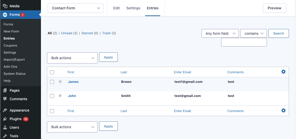 Gravity Forms entries list page