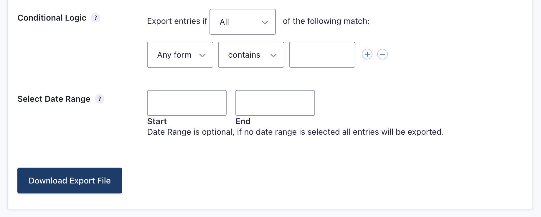 Gravity Forms export entries date range settings