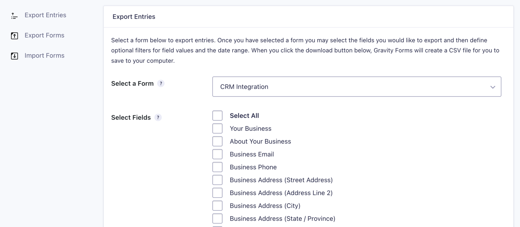 Gravity Forms export entries select fields