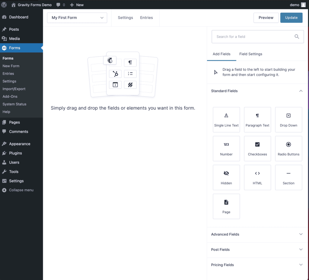 Gravity Forms form editor with fields