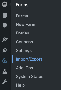 Gravity Forms Import/Export menu